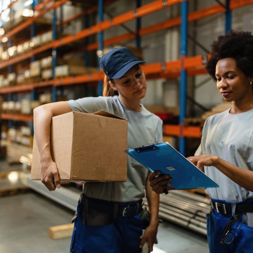 African American worker and her coworker reading order list before the shipment while working in a warehouse.
